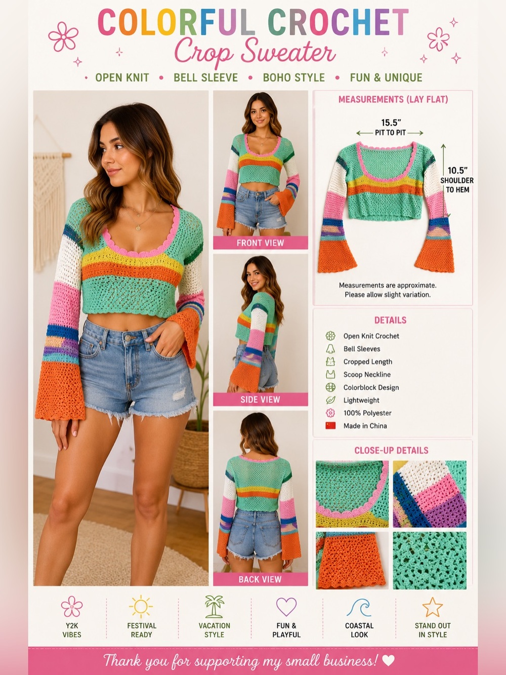 Colorful Crochet Crop Sweater Bell Sleeve Open Knit Boho Festival Women’s Size S